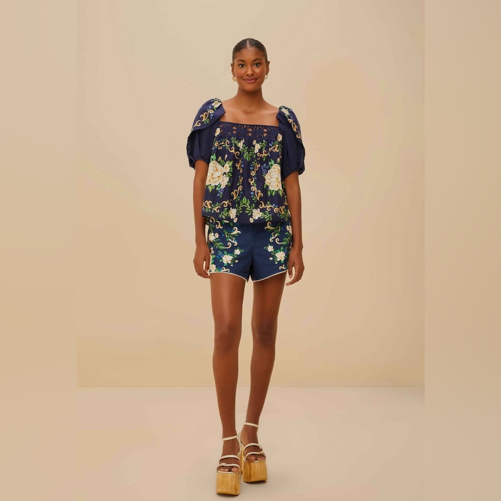 Farm Rio Navy Blue Flower Tapestry Blouse & Shorts Set